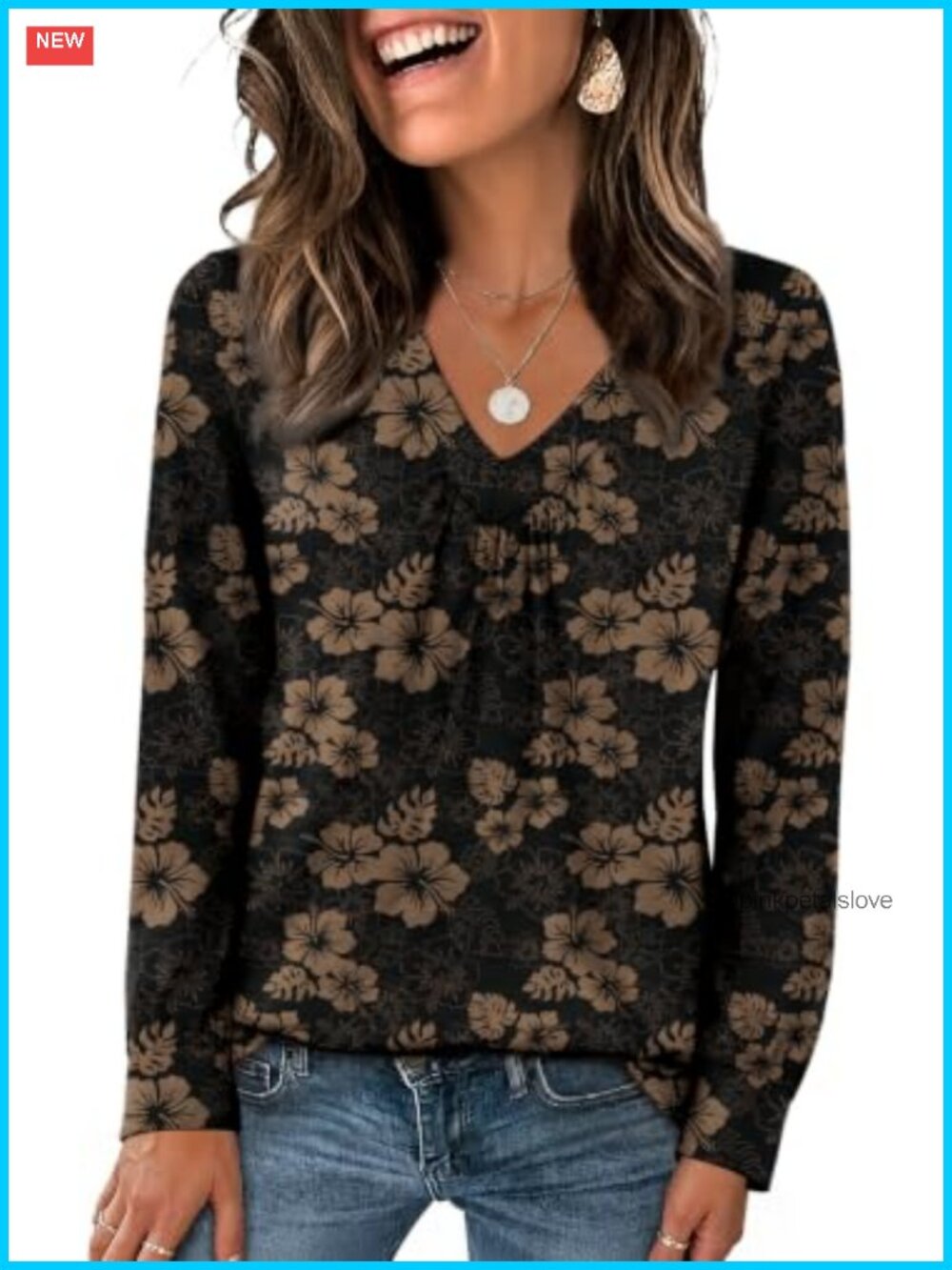 Womens Ruched V-Neck Long Sleeve Blouse Loose Fit Floral Boho Top